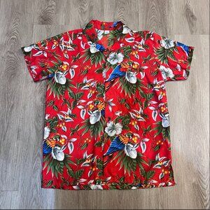 Red Tropical Hawaiian Parrot Floral Button Up Size Large